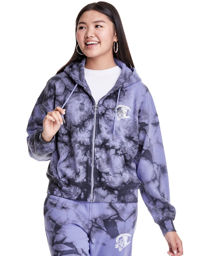 Champion Galaxy Dye Full Zip Boxy C Flower Logo Kadın Kapşonlu Sweatshirt Mor ( DACGUR932 )